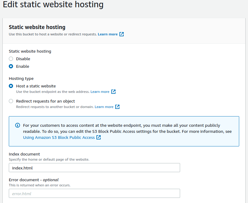 Enable static website hosting